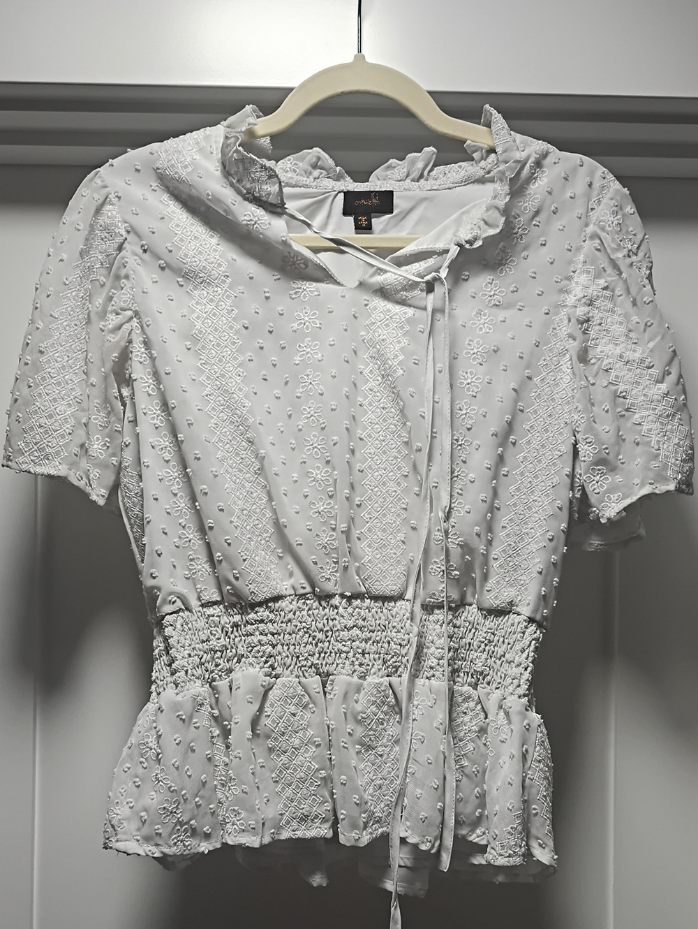 White Embroidered Peplum Tie-Front Blouse